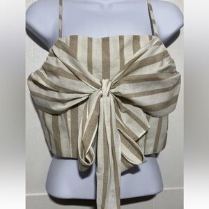 Chriselle x JOA Crop Top Tie Front Tan Ivory Striped Sleeveless Spaghetti Strap